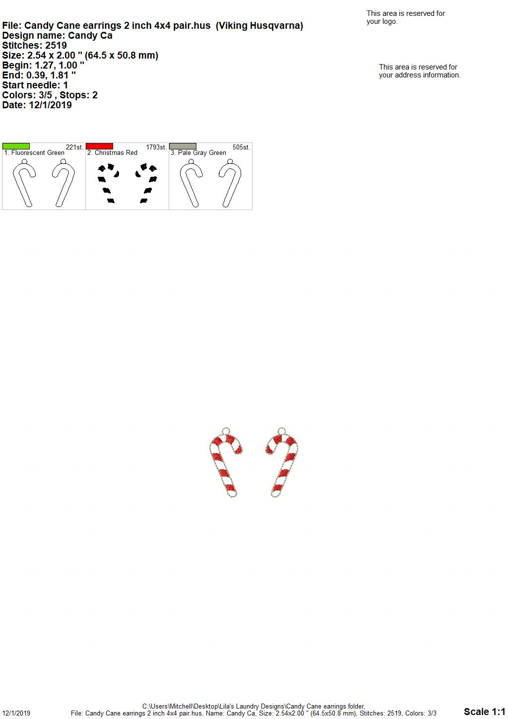 Candy Cane Earrings - 3 sizes - Digital Embroidery Design
