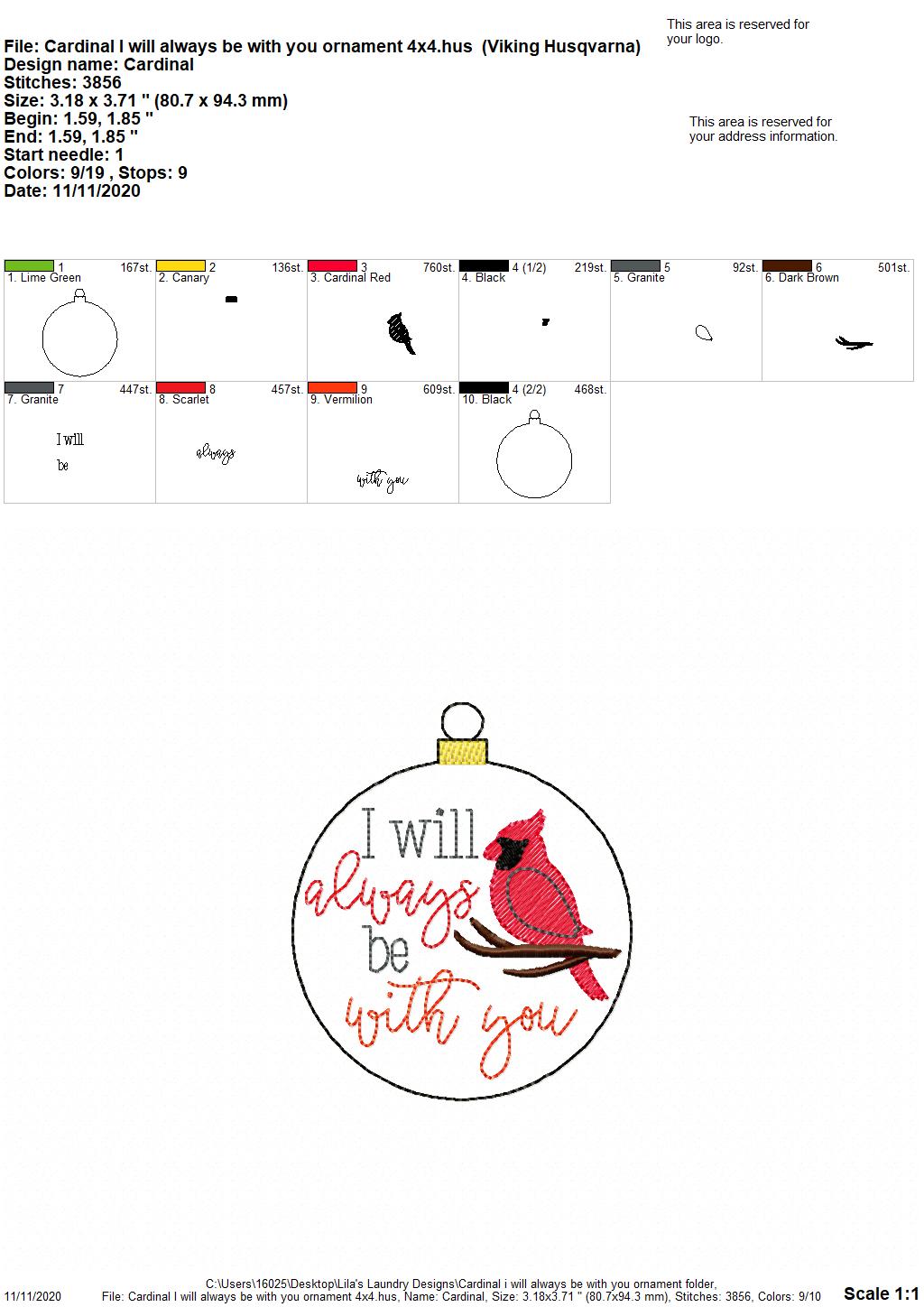Cardinals I Will Always Be With You Ornament - Digital Embroidery Design