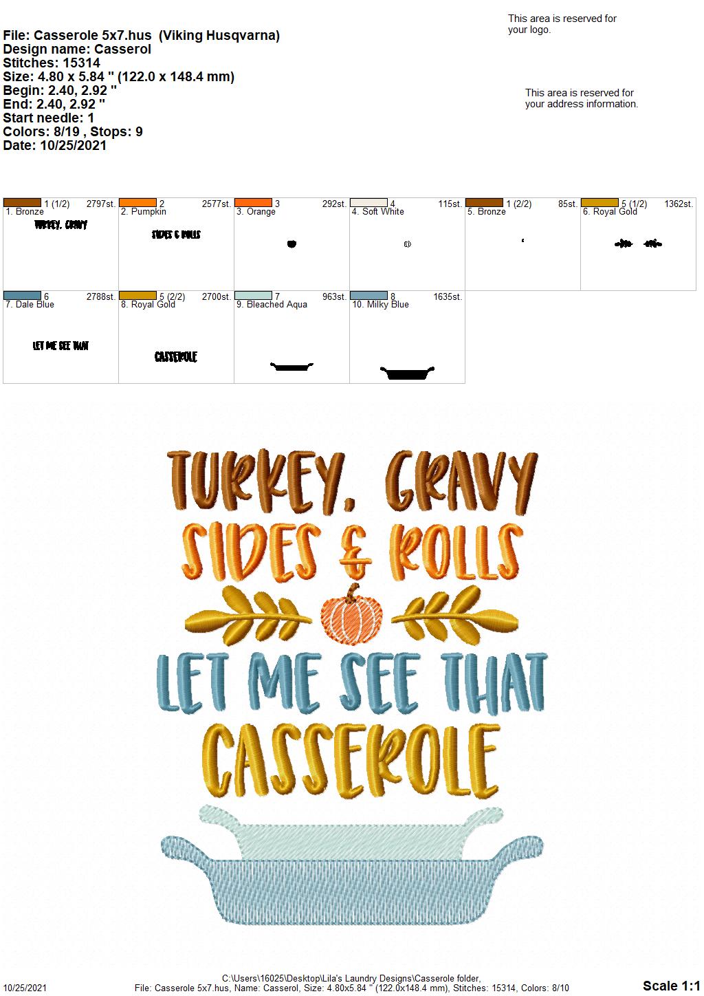 Casserole - 2 sizes- Digital Embroidery Design
