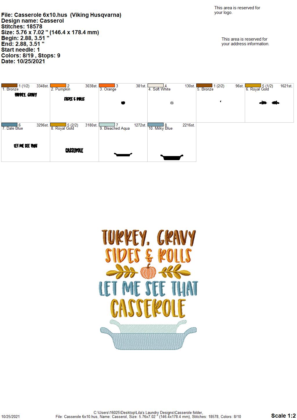 Casserole - 2 sizes- Digital Embroidery Design