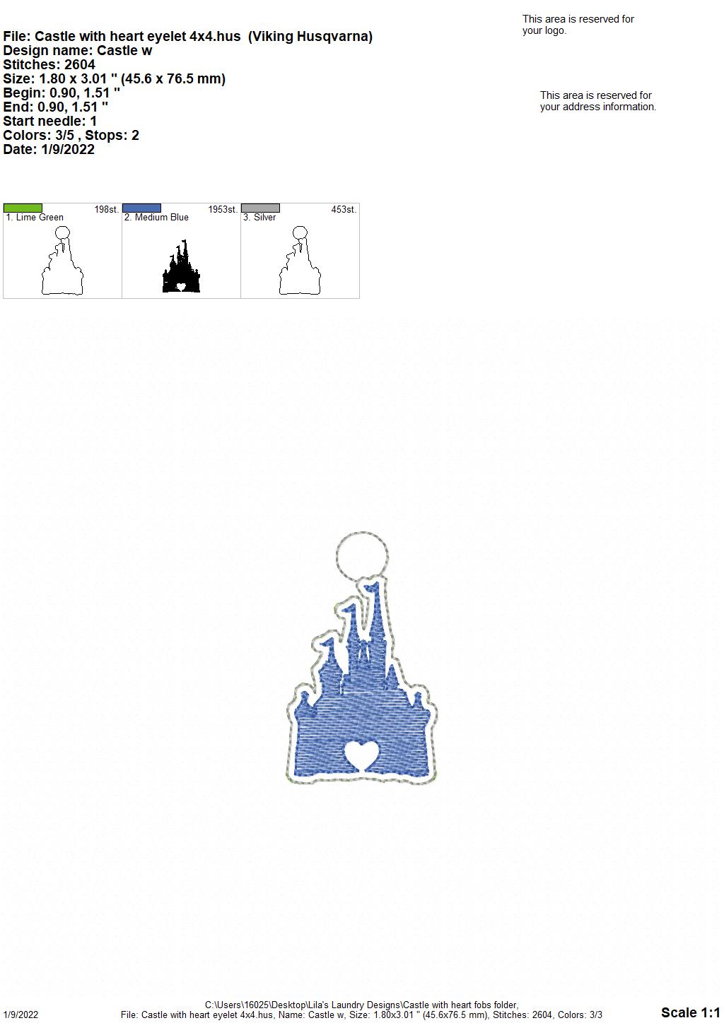Castle with heart Fobs - DIGITAL Embroidery DESIGN