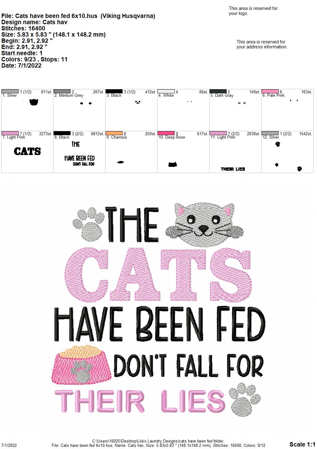 Cats Have Been Fed - 3 sizes- Digital Embroidery Design