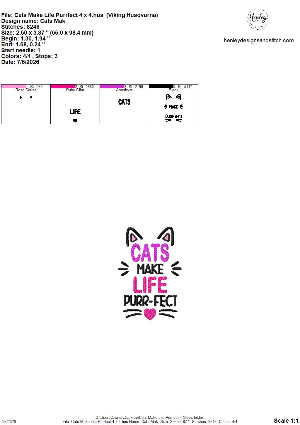 Cats Make Life PURR-FECT – 4 x 4, 5 x 7, 6 x 10 and 8 x 12 – DIGITAL Embroidery Design