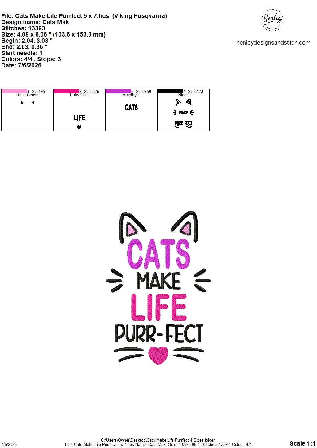 Cats Make Life PURR-FECT – 4 x 4, 5 x 7, 6 x 10 and 8 x 12 – DIGITAL Embroidery Design