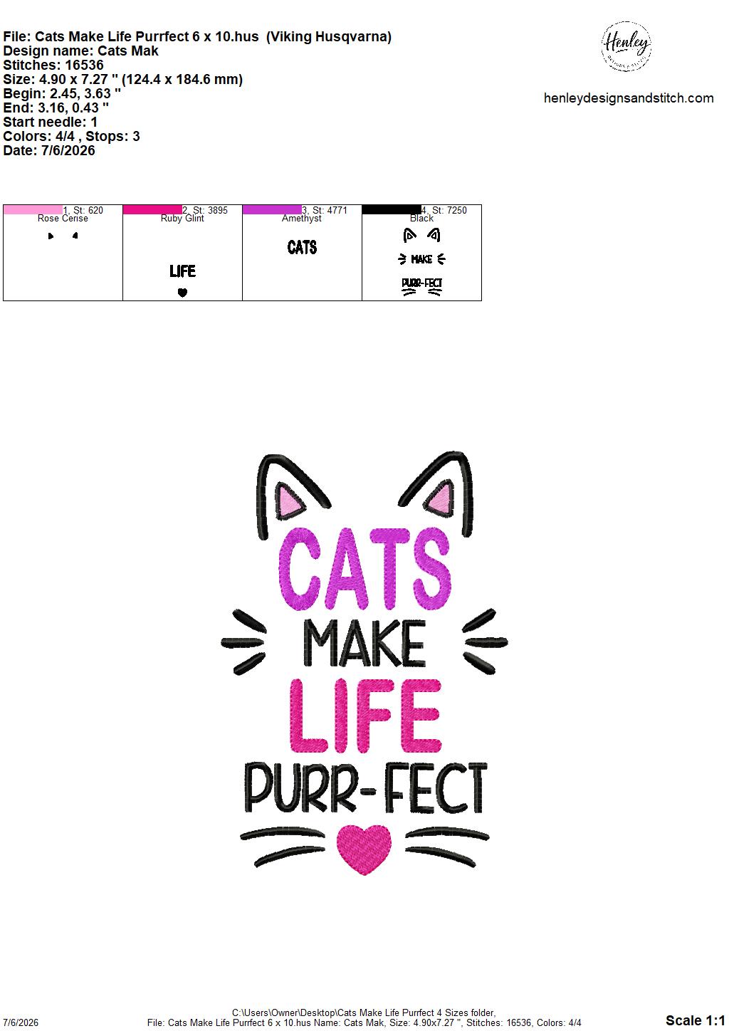 Cats Make Life PURR-FECT – 4 x 4, 5 x 7, 6 x 10 and 8 x 12 – DIGITAL Embroidery Design