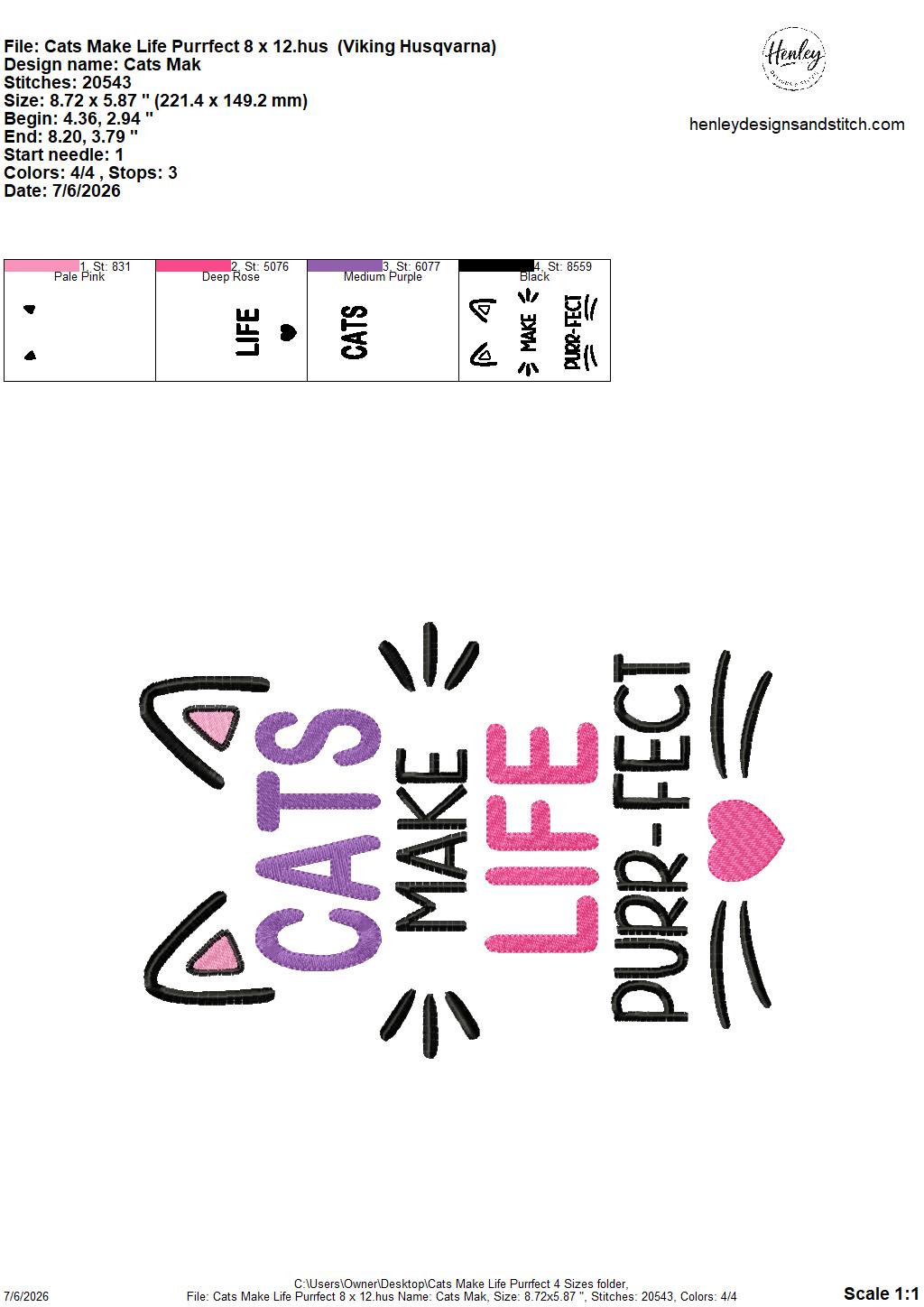 Cats Make Life PURR-FECT – 4 x 4, 5 x 7, 6 x 10 and 8 x 12 – DIGITAL Embroidery Design