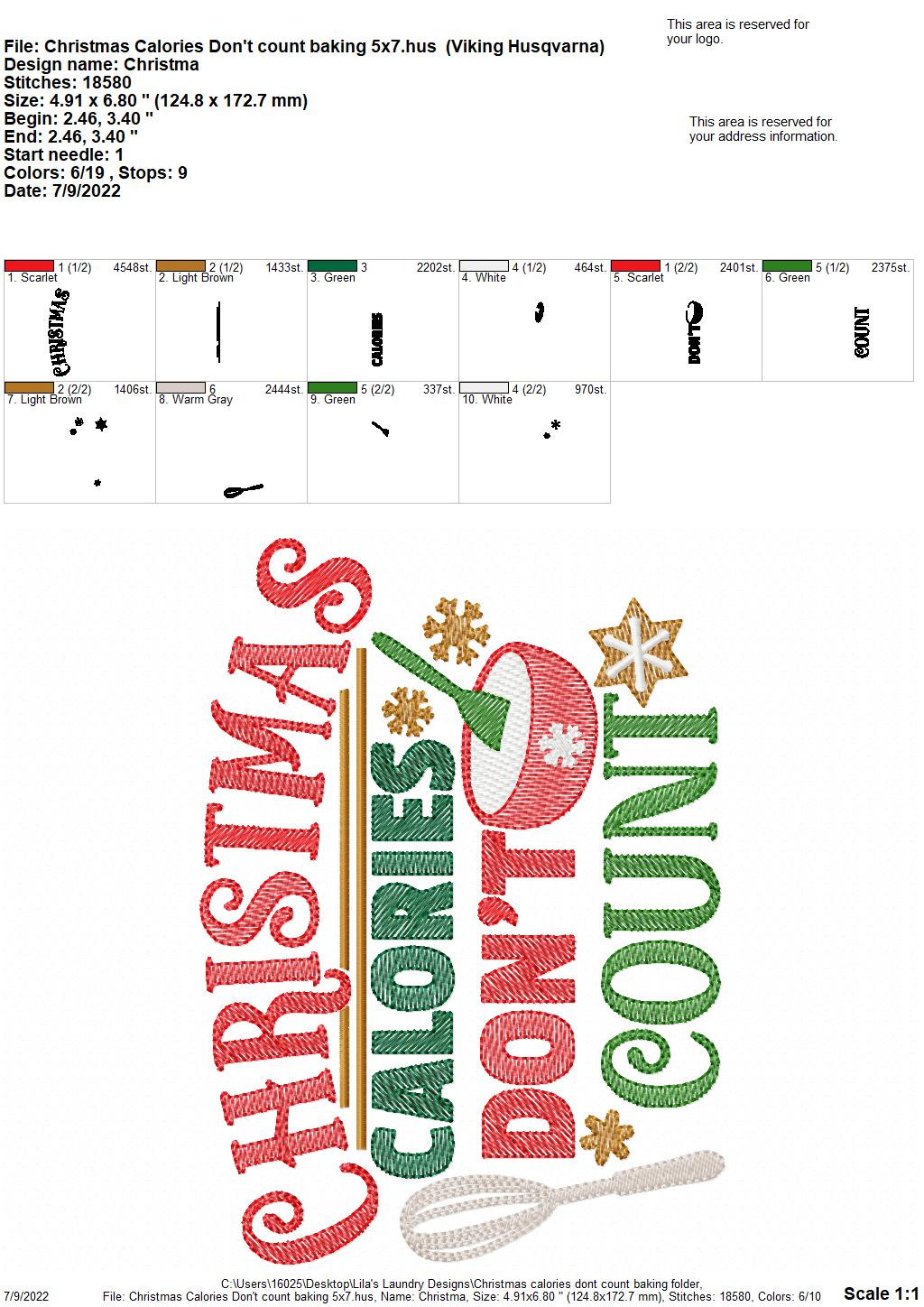 Christmas Calories Don't Count Baking - 3 sizes- Digital Embroidery Design