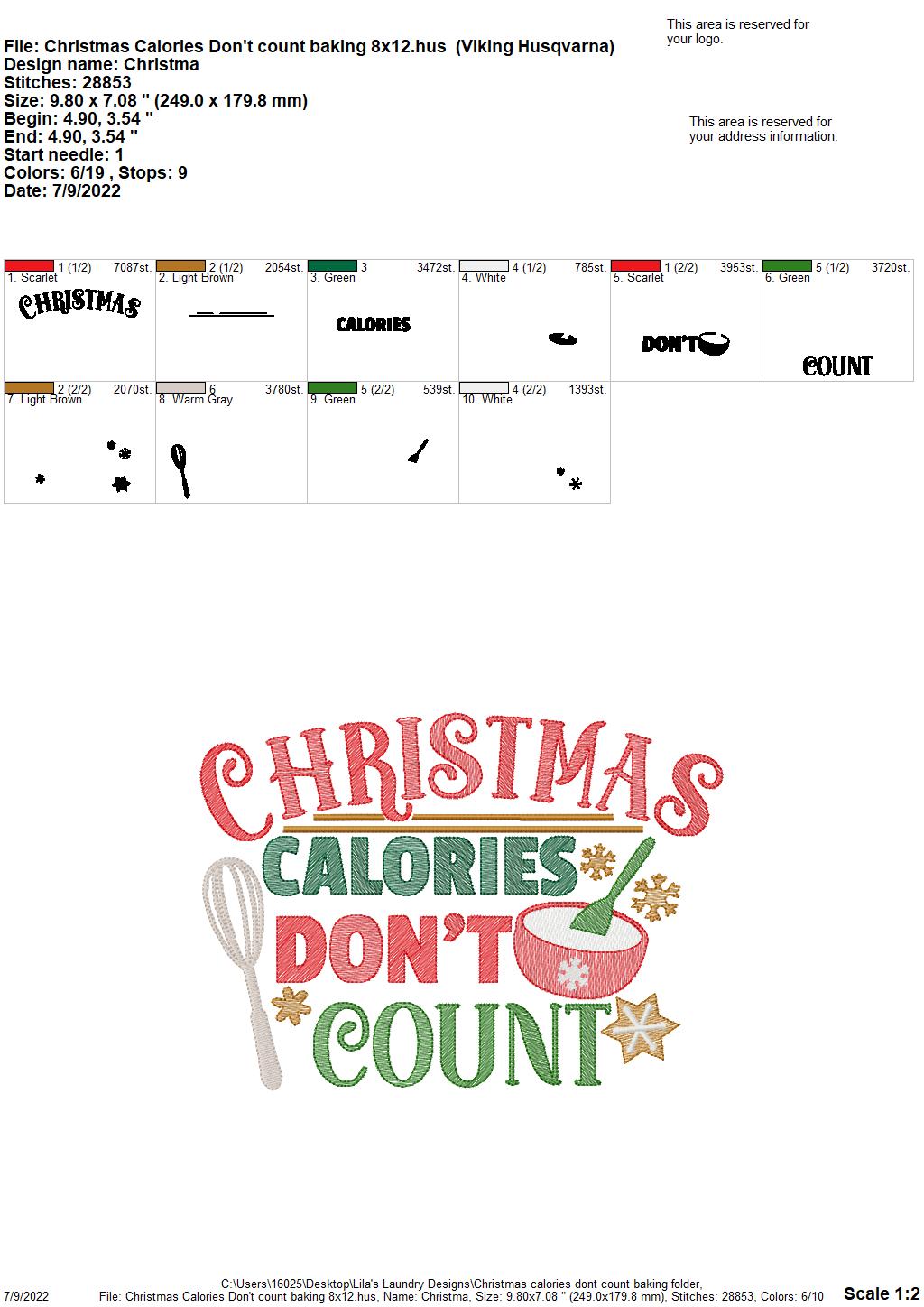 Christmas Calories Don't Count Baking - 3 sizes- Digital Embroidery Design