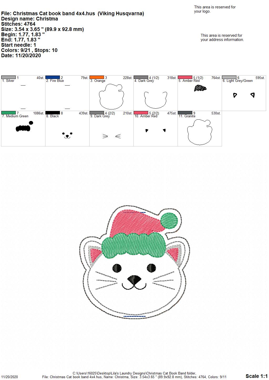 Christmas Cat - Book Band - Embroidery Design, Digital File