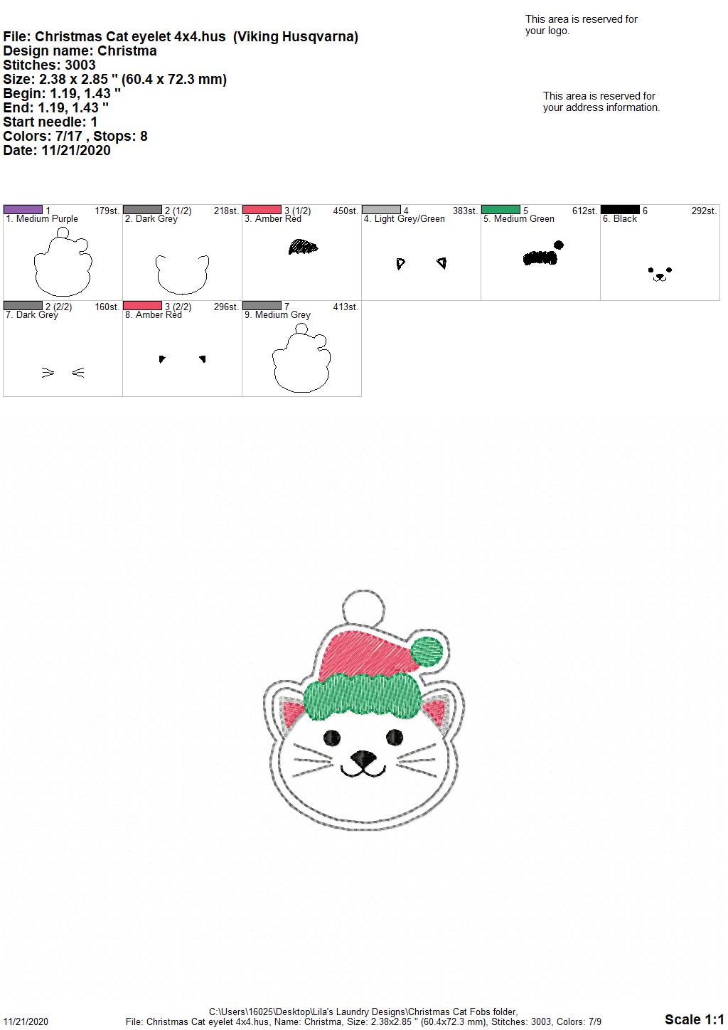 Christmas Cat Fobs 4x4 and 5x7 included- DIGITAL Embroidery DESIGN