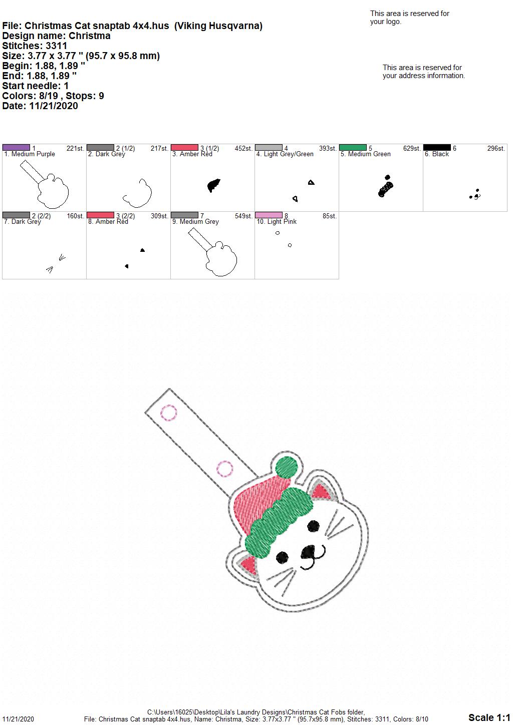 Christmas Cat Fobs 4x4 and 5x7 included- DIGITAL Embroidery DESIGN