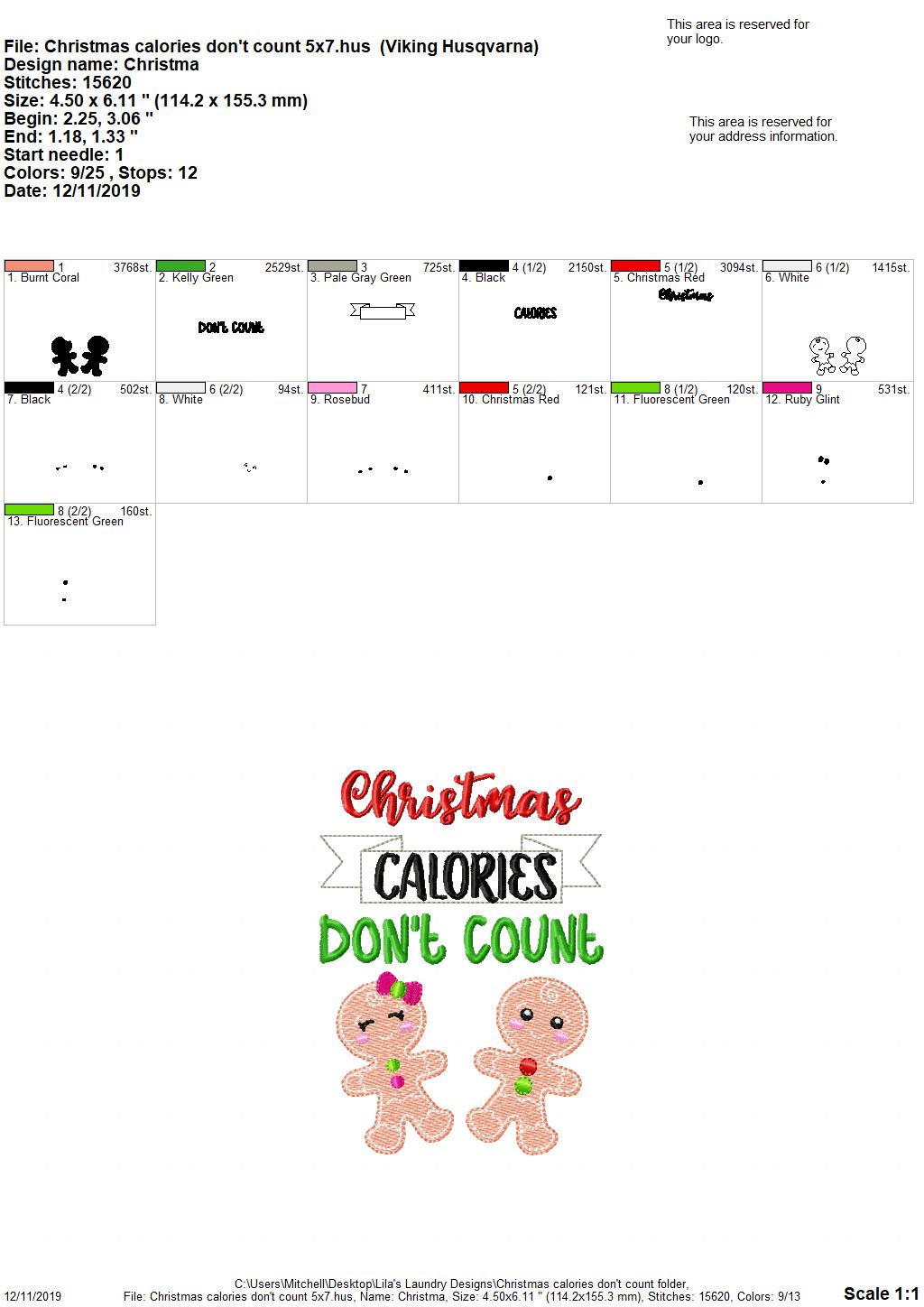 Christmas Calories Don't Count 5x7 & 6x10 - Digital Embroidery Design