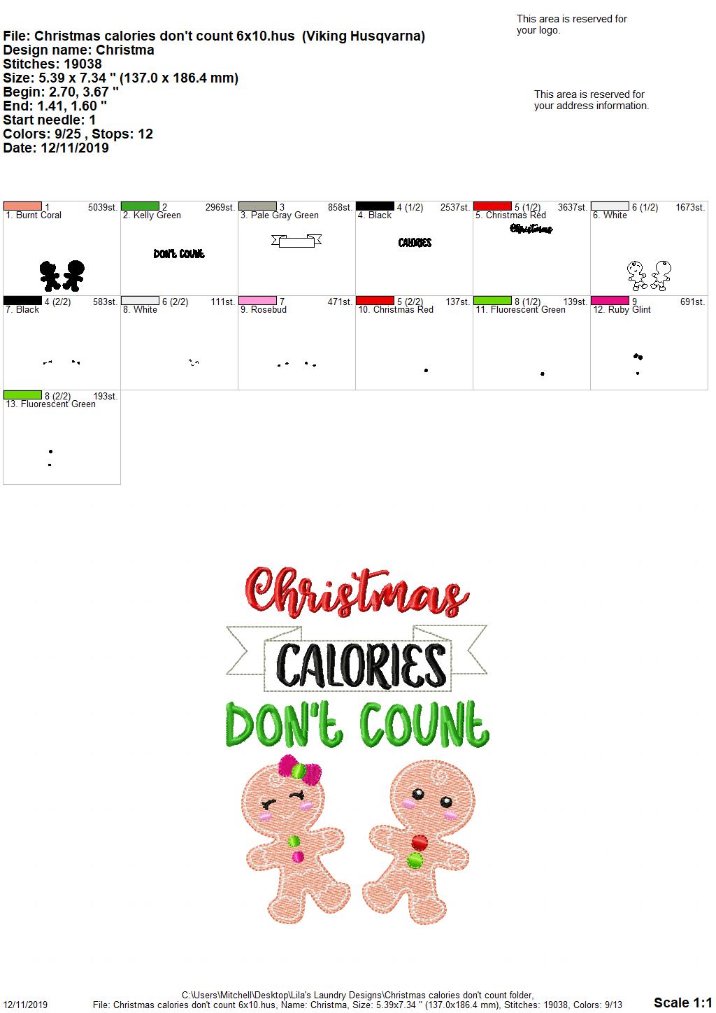 Christmas Calories Don't Count 5x7 & 6x10 - Digital Embroidery Design