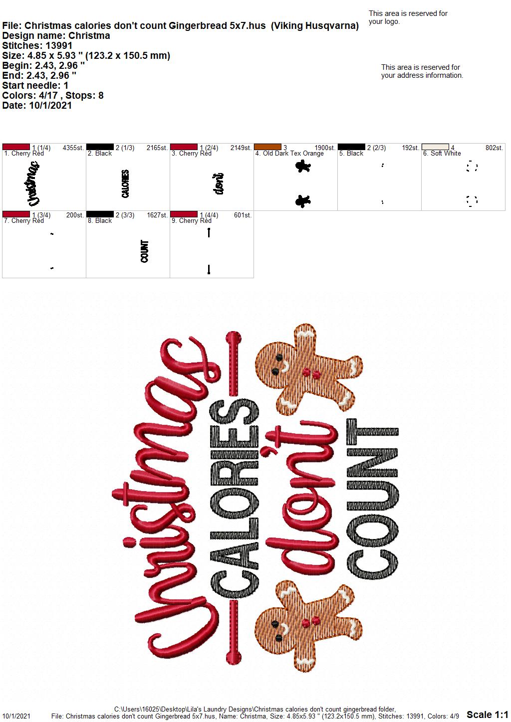 Christmas Calories Don't Count Gingerbread - 3 sizes- Digital Embroidery Design