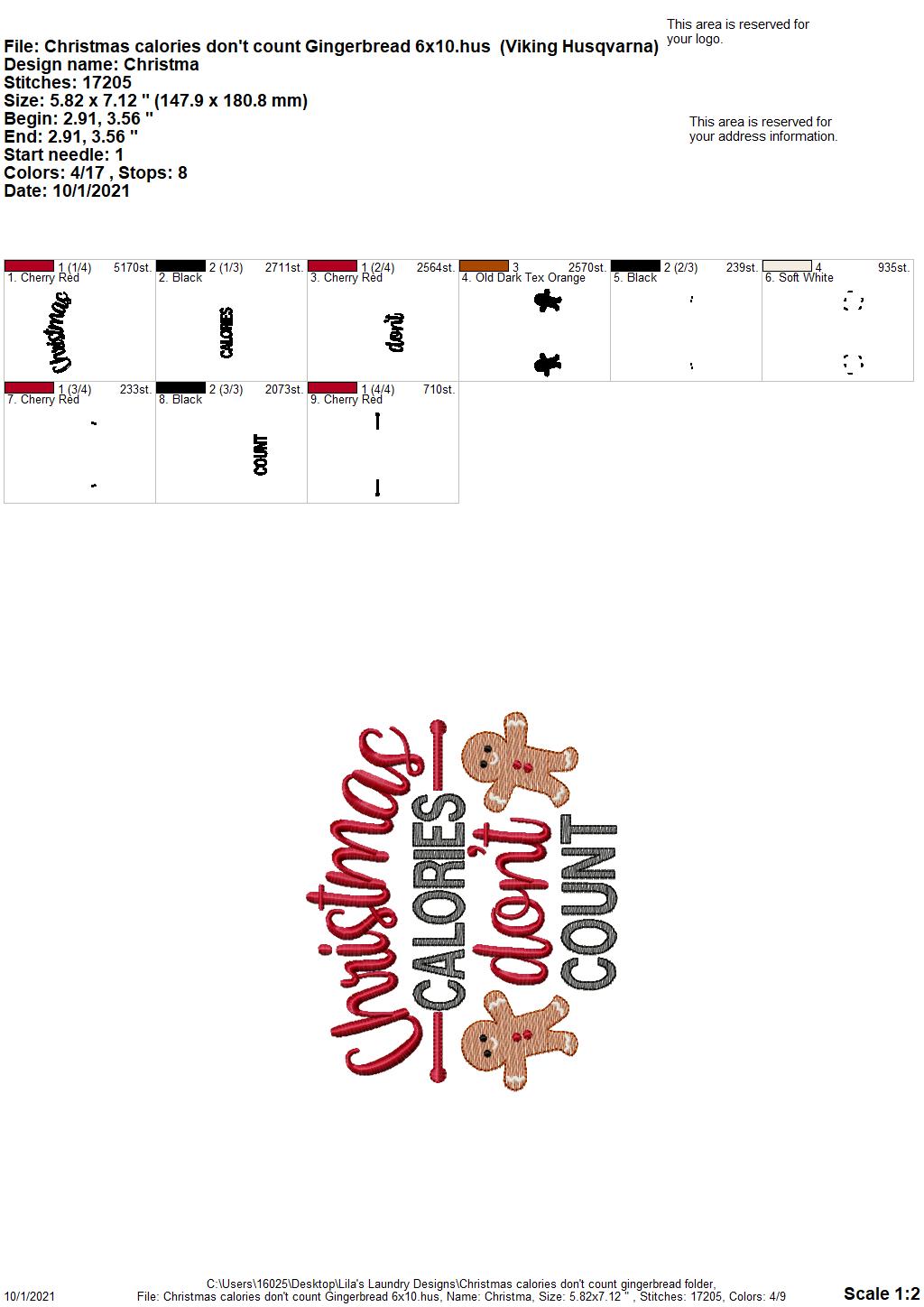 Christmas Calories Don't Count Gingerbread - 3 sizes- Digital Embroidery Design