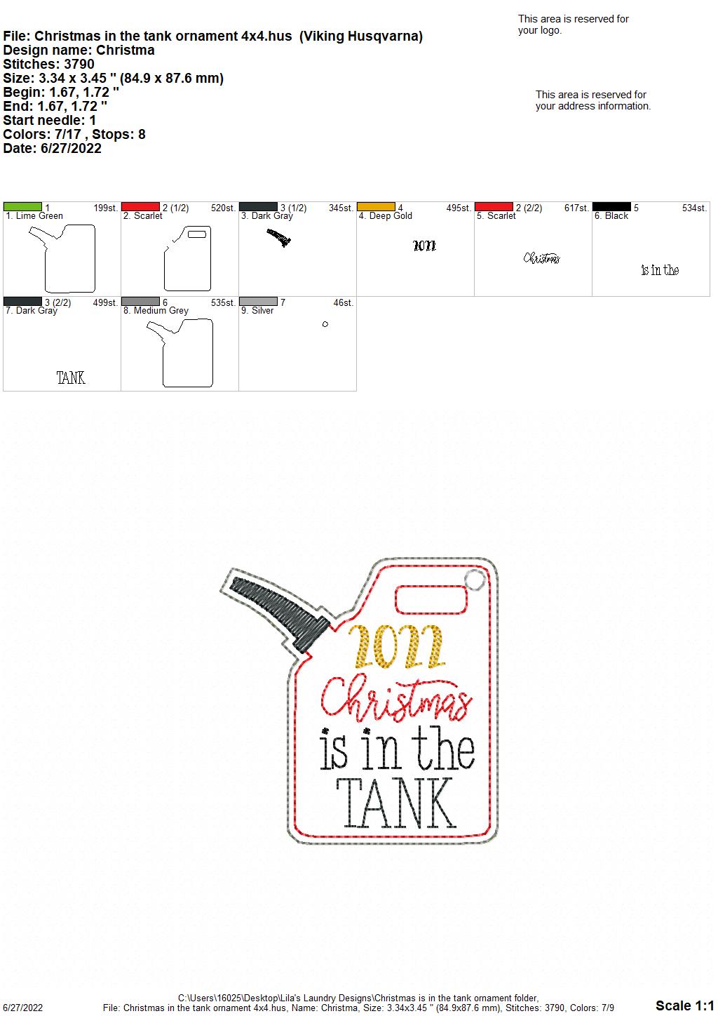 Christmas is in the Tank Ornament - Digital Embroidery Design