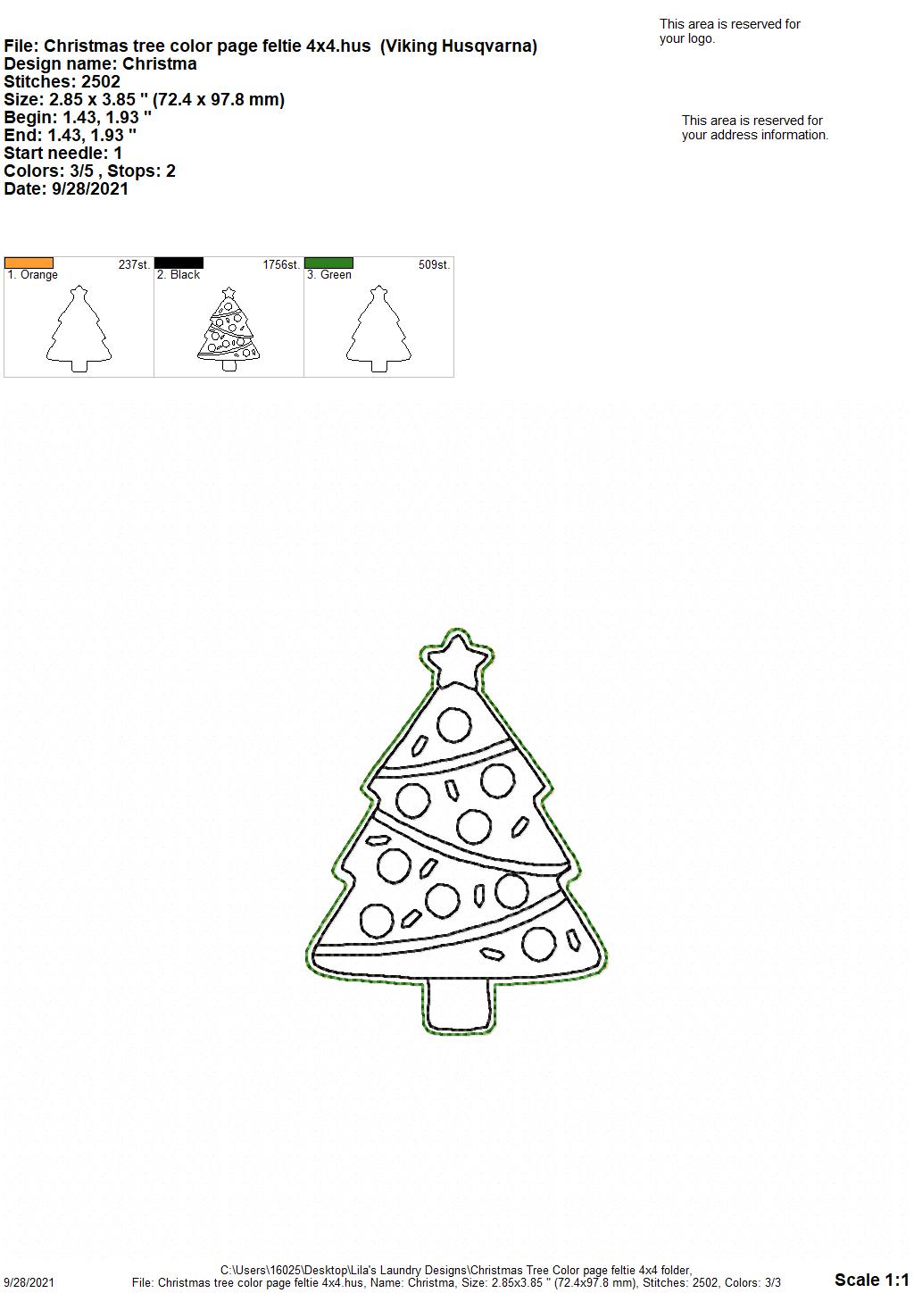 Christmas Tree Color Page Feltie - Digital Embroidery Design