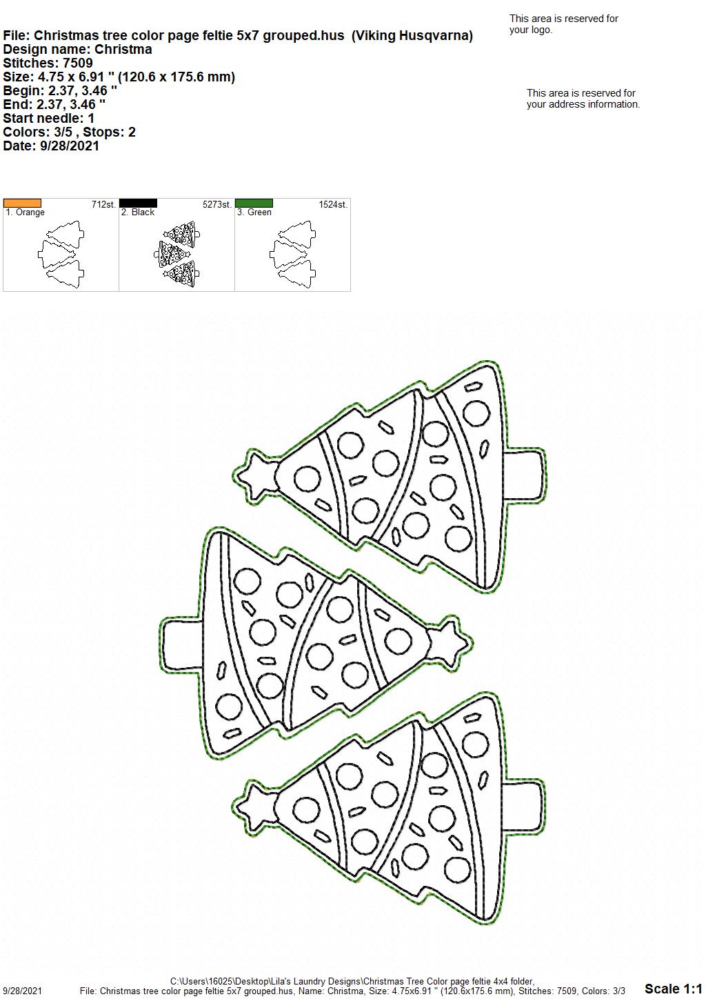 Christmas Tree Color Page Feltie - Digital Embroidery Design