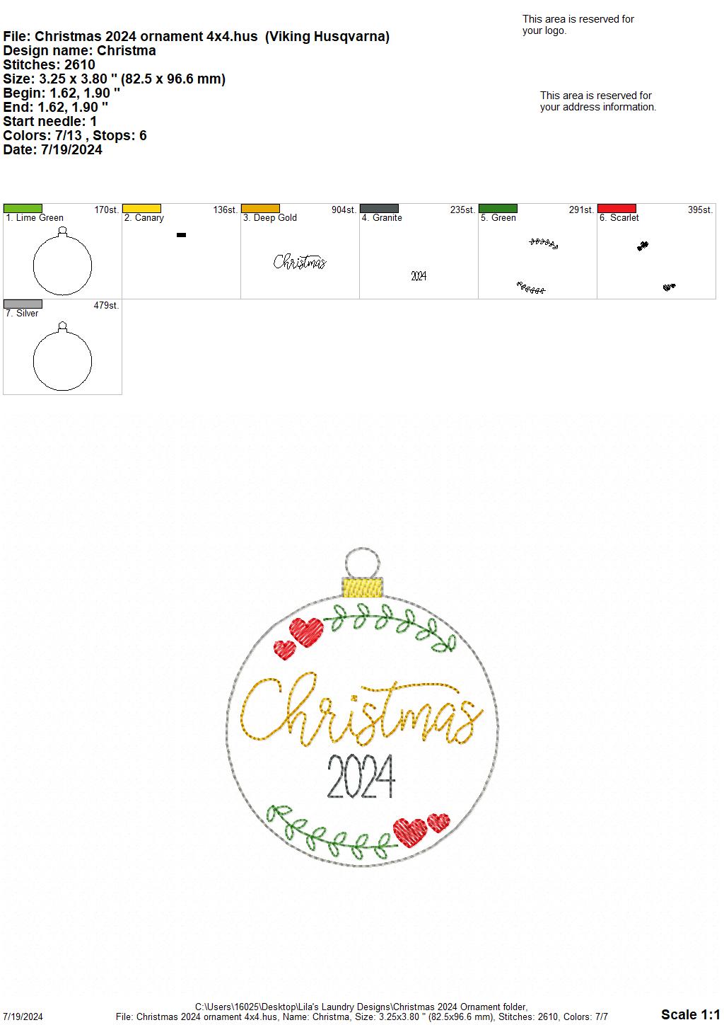 Christmas 2024 Ornament - Digital Embroidery Design