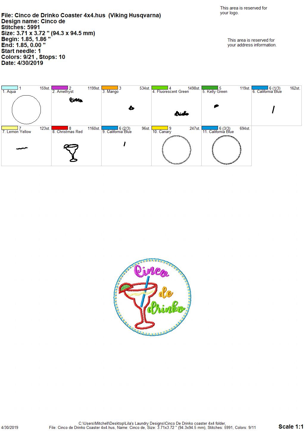 Cinco De Drinko Coaster 4x4 - DIGITAL Embroidery DESIGN