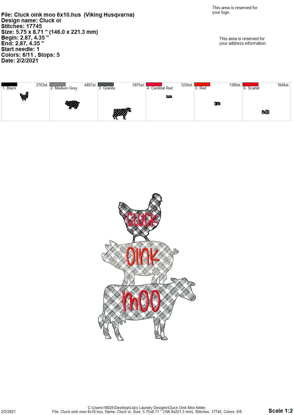 Cluck Oink Moo - 3 sizes- Digital Embroidery Design