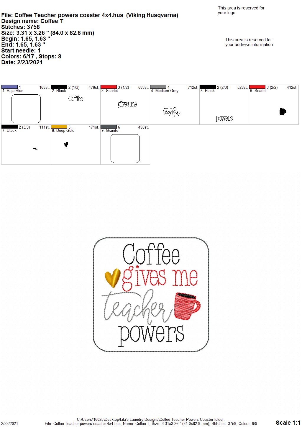 Coffee Teacher Powers Coaster 4x4 - DIGITAL Embroidery DESIGN