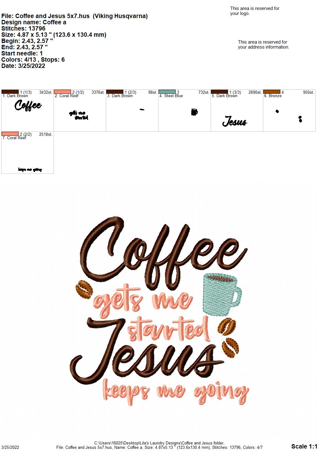 Coffee and Jesus - 3 sizes- Digital Embroidery Design