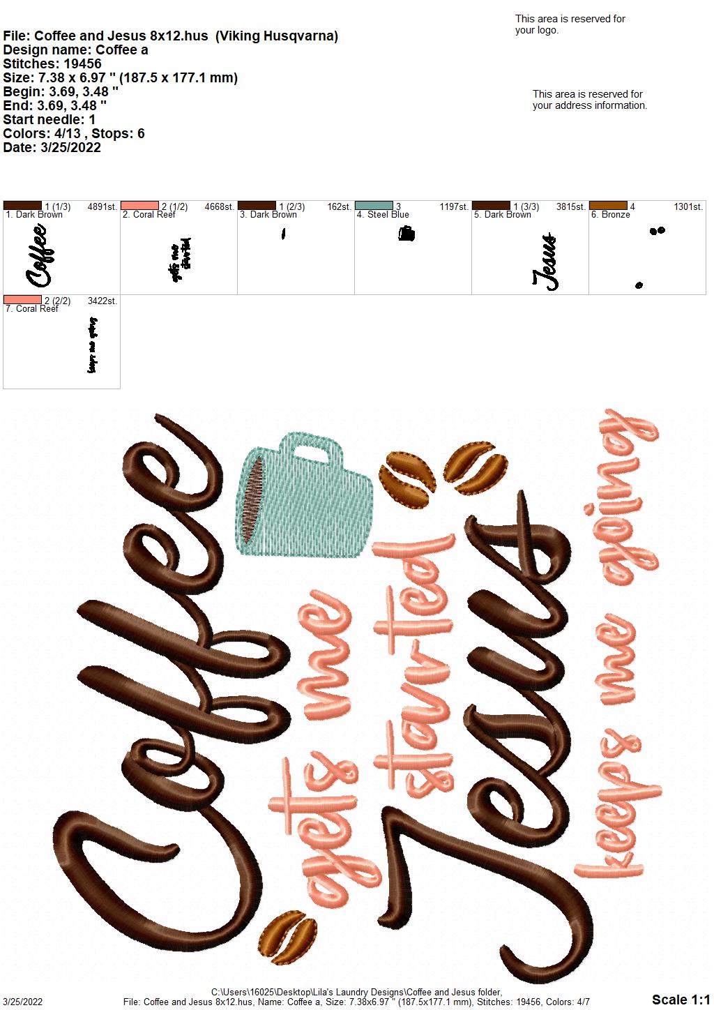 Coffee and Jesus - 3 sizes- Digital Embroidery Design