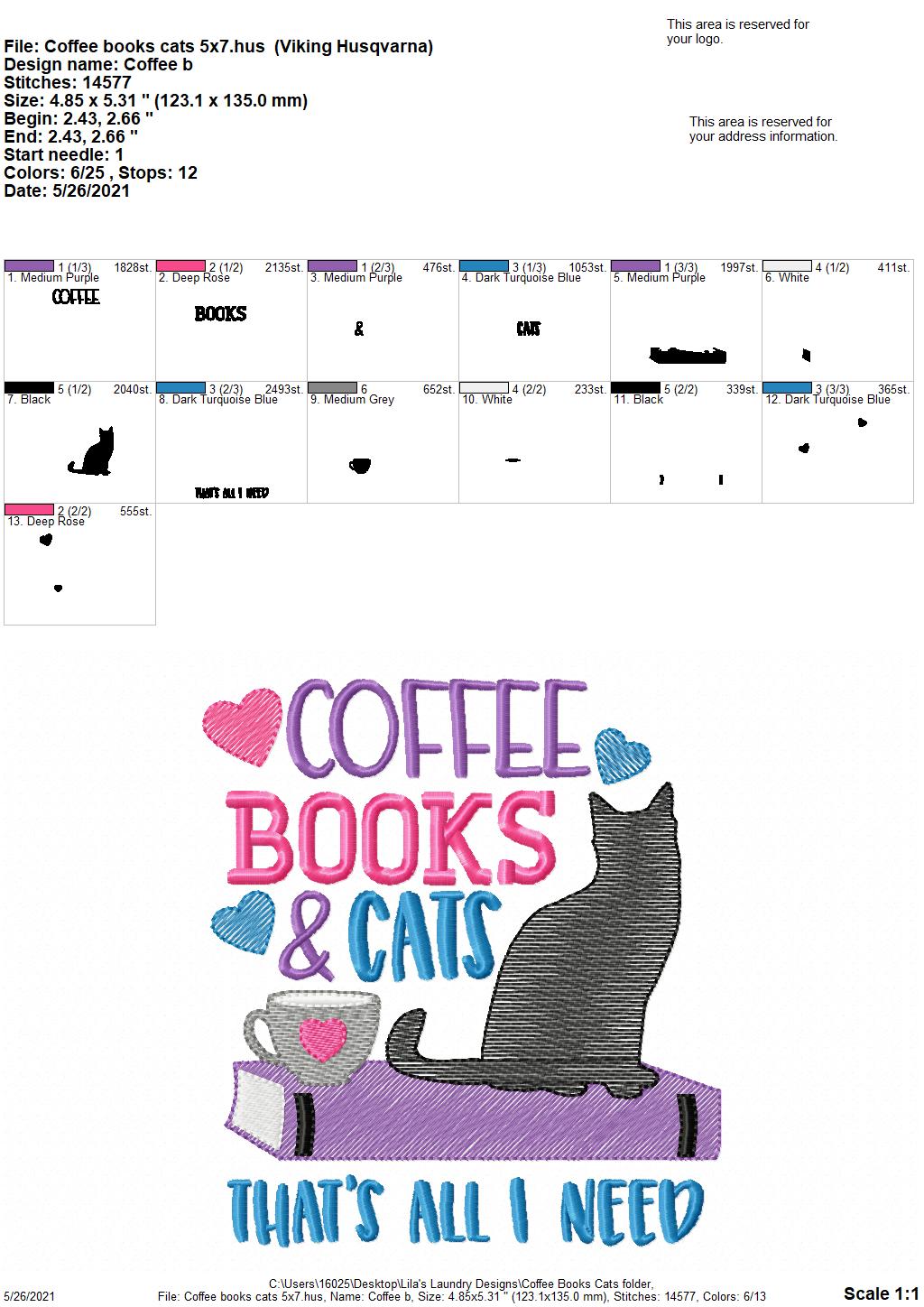 Coffee Books Cats - 3 sizes- Digital Embroidery Design