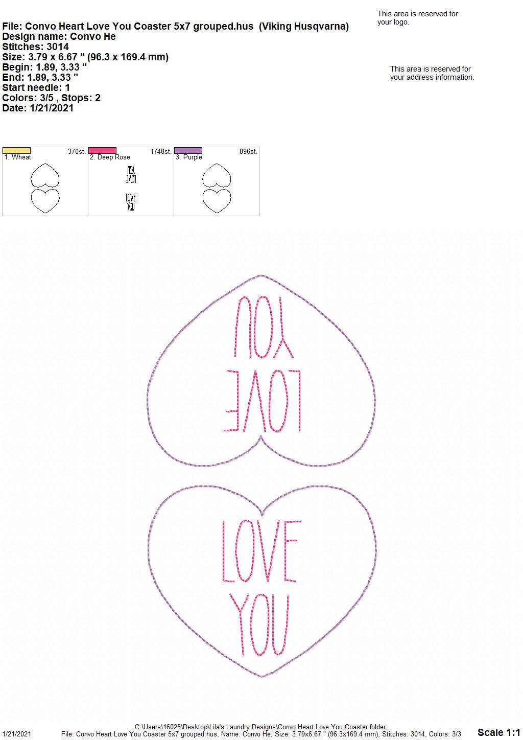 Convo Heart Love You Coaster 4x4 - DIGITAL Embroidery DESIGN