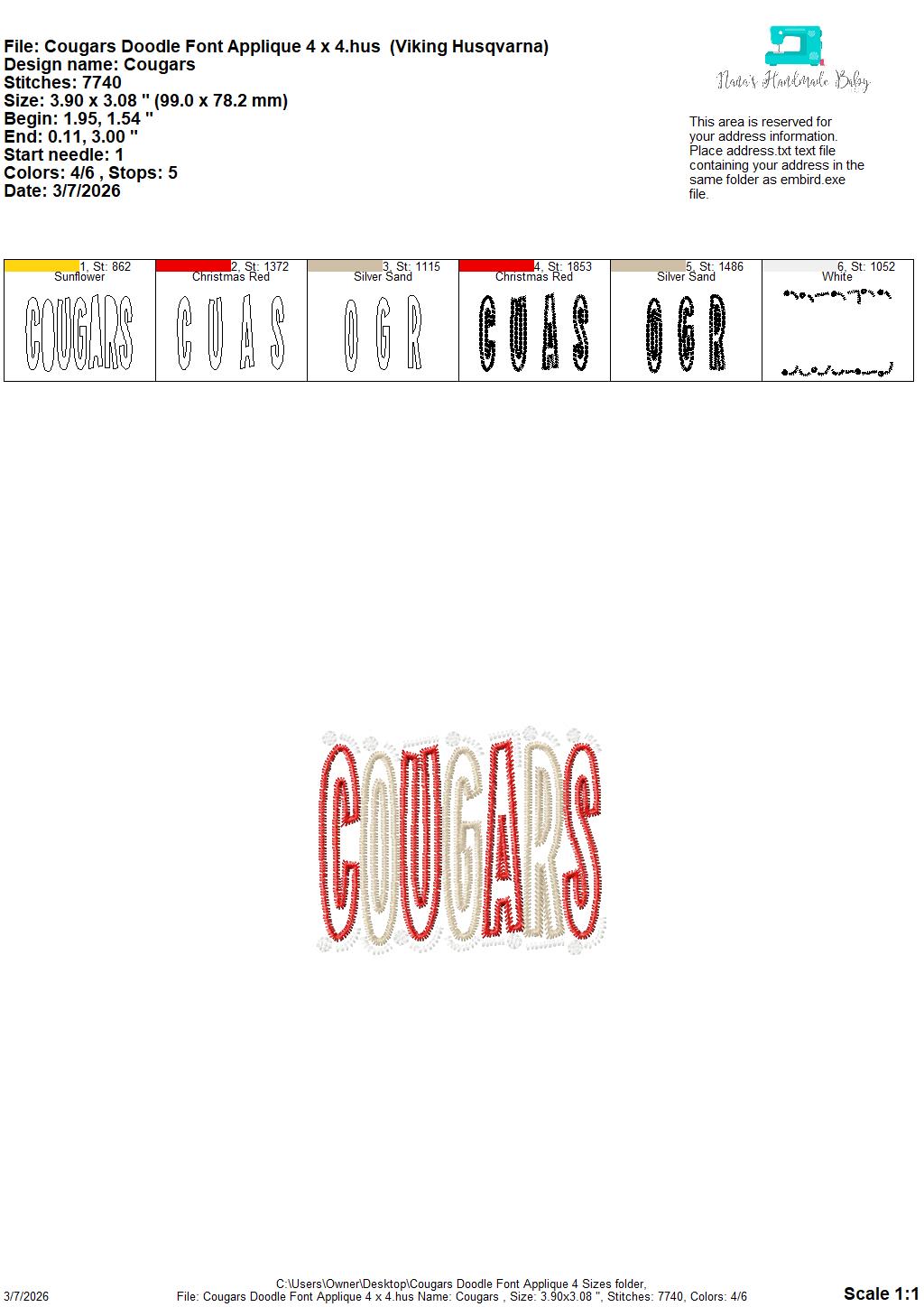 Cougars Doodle Font Applique – 4 x 4, 5 x 7, 6 x 10 and 8 x 12 – DIGITAL Embroidery Design