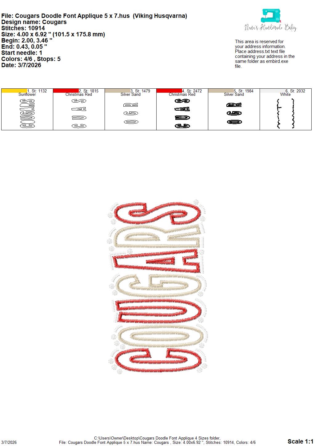 Cougars Doodle Font Applique – 4 x 4, 5 x 7, 6 x 10 and 8 x 12 – DIGITAL Embroidery Design