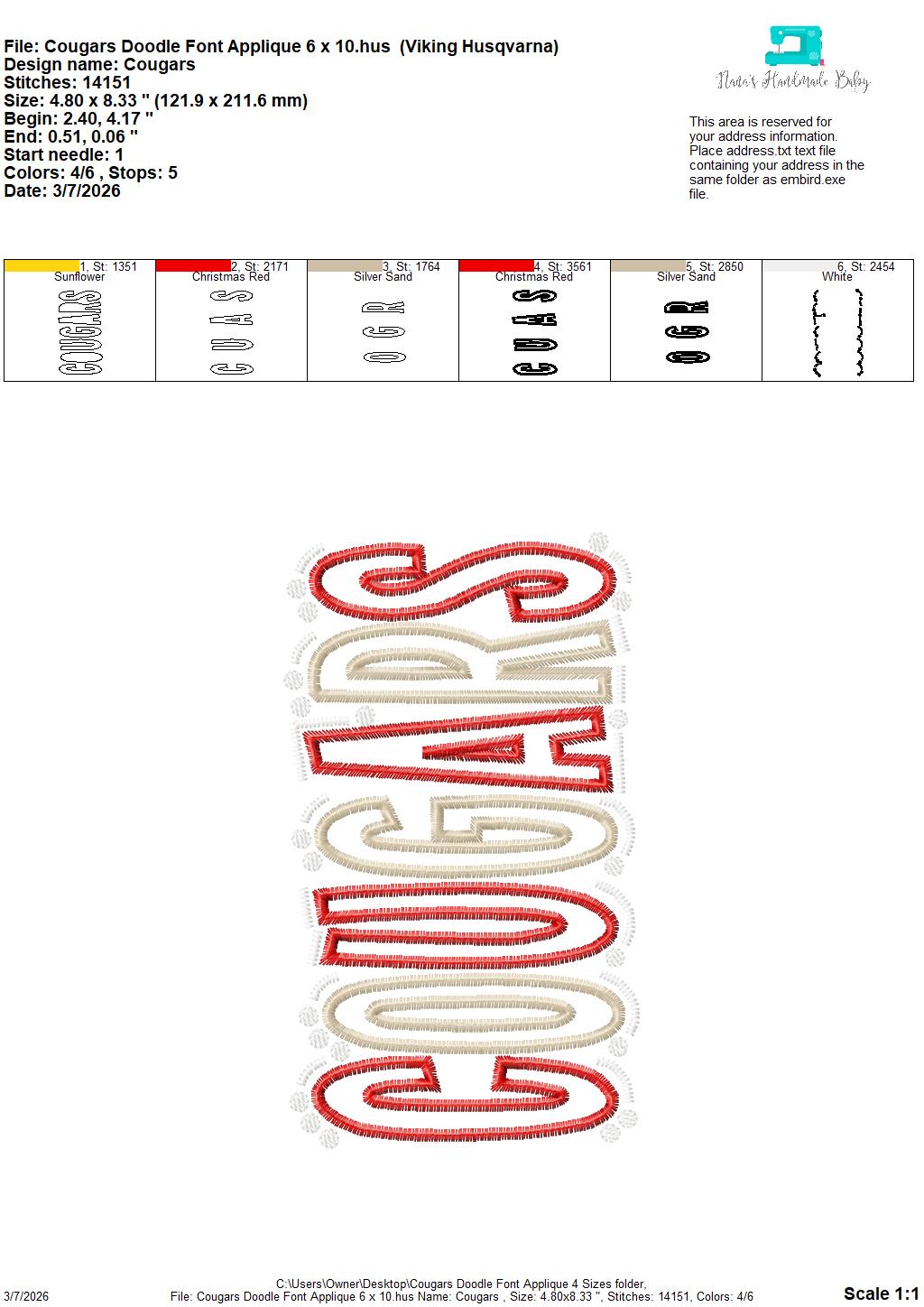 Cougars Doodle Font Applique – 4 x 4, 5 x 7, 6 x 10 and 8 x 12 – DIGITAL Embroidery Design