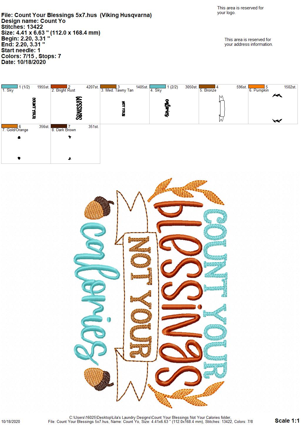 Count Your Blessings Not Your Calories - 3 Sizes - Digital Embroidery Design