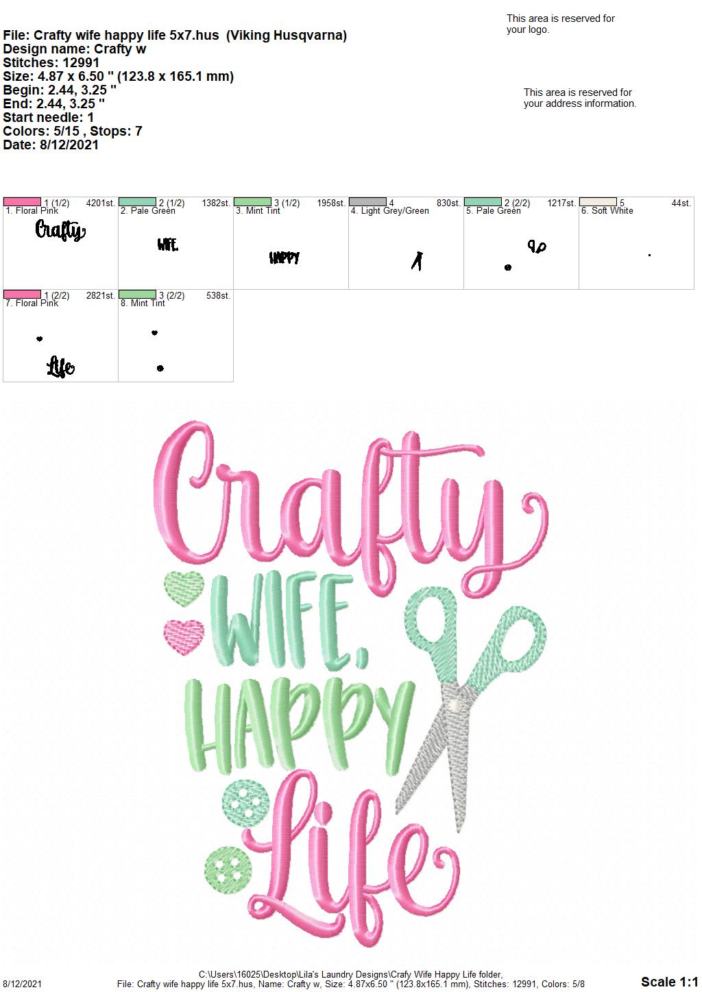 Crafty Wife, Happy Life - 3 sizes- Digital Embroidery Design