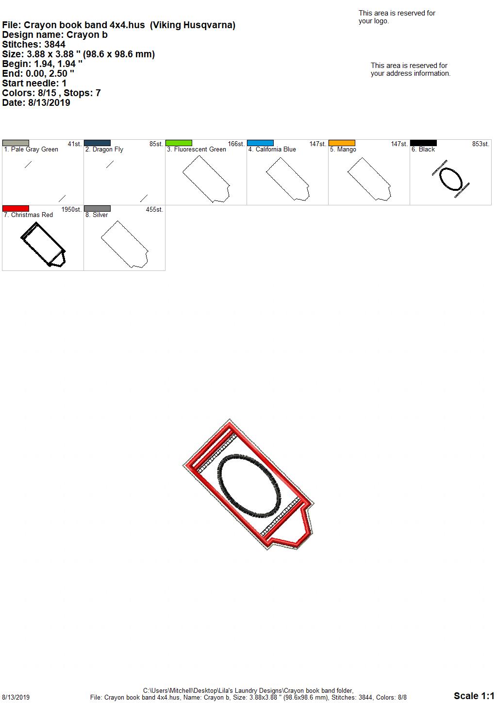 Crayon Book Band - Digital Embroidery Design