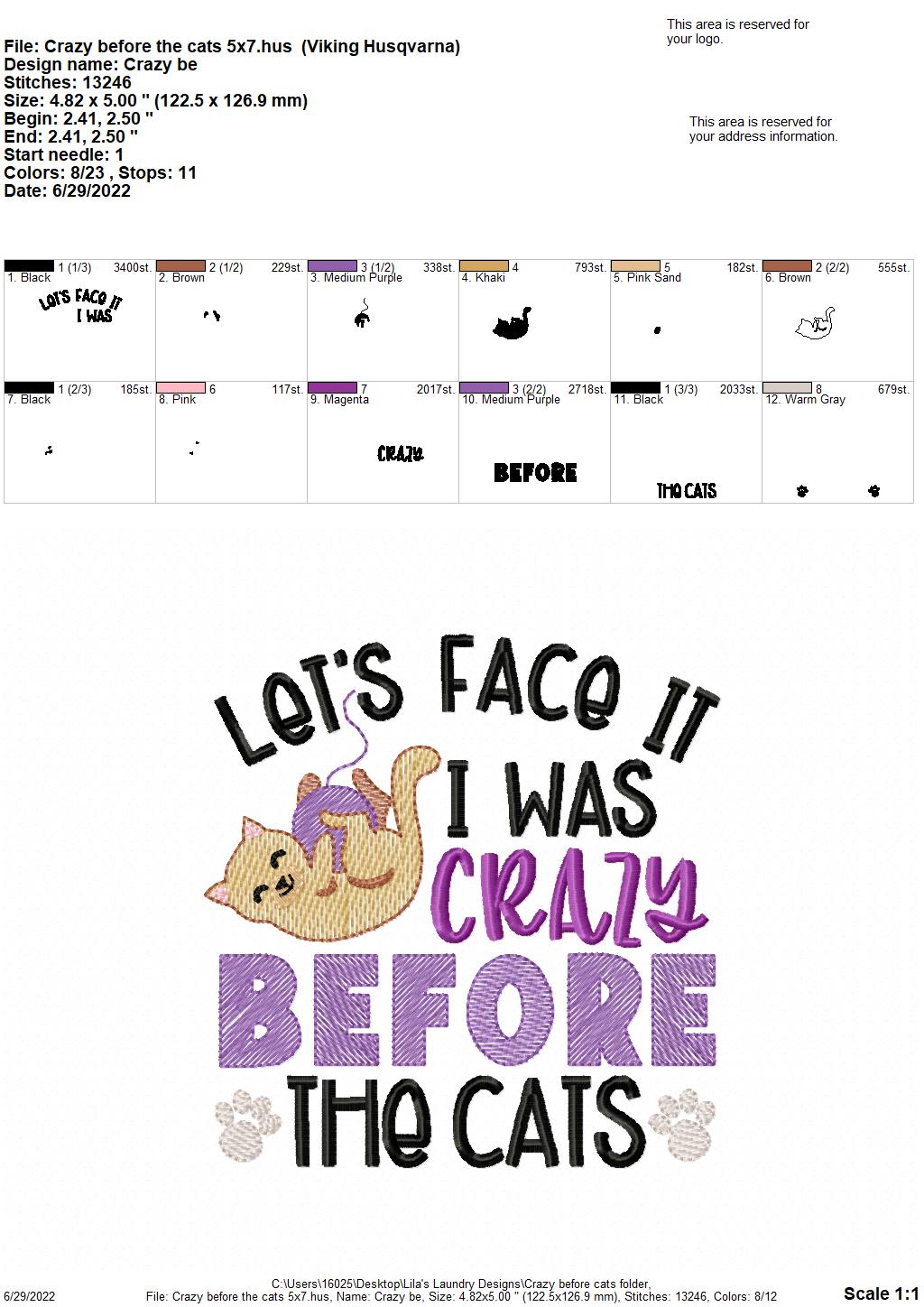 Crazy Before The Cats - 3 sizes- Digital Embroidery Design