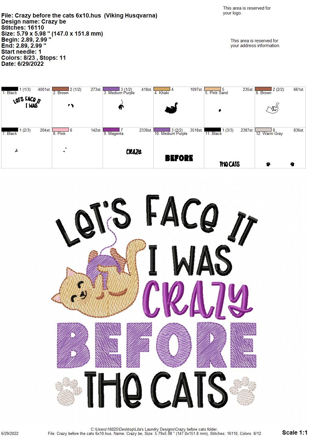 Crazy Before The Cats - 3 sizes- Digital Embroidery Design