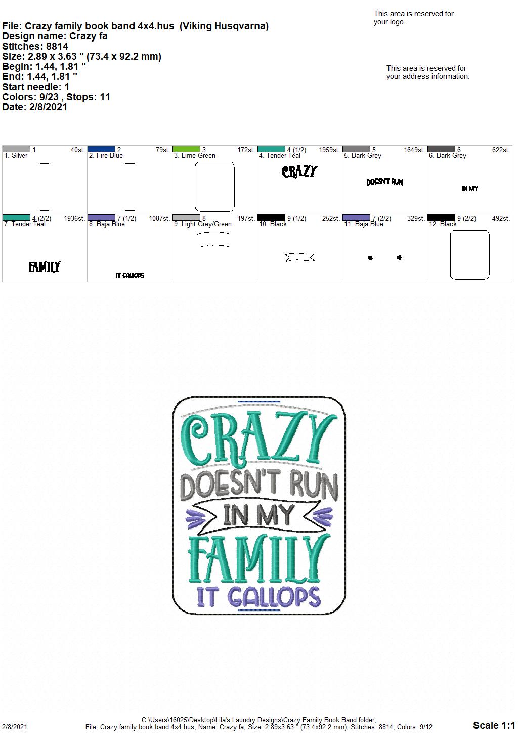 Crazy Family Book Band - Embroidery Design, Digital File