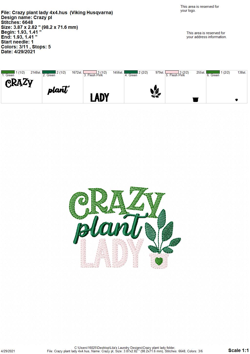 Crazy Plant Lady - 4 sizes- Digital Embroidery Design