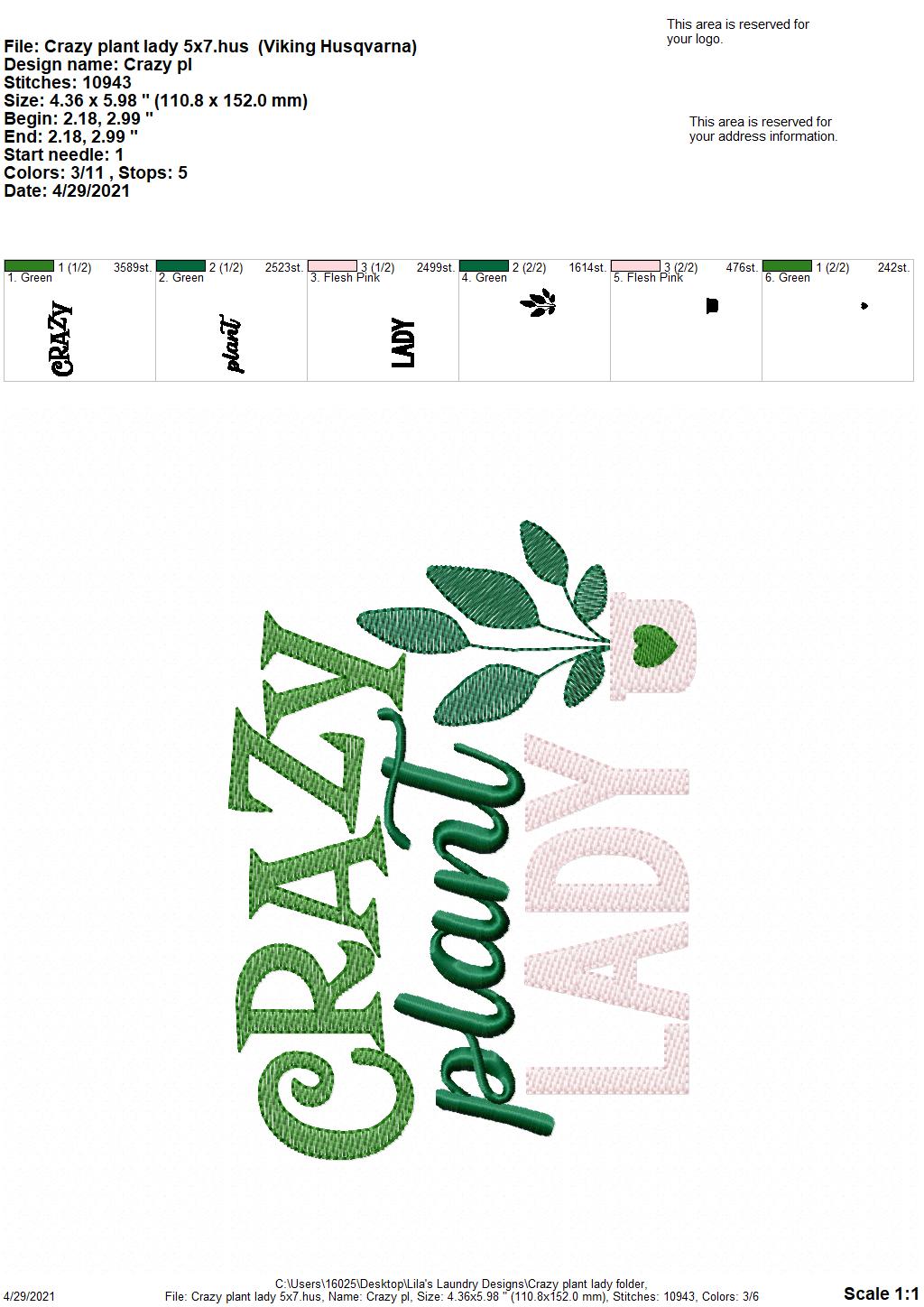 Crazy Plant Lady - 4 sizes- Digital Embroidery Design