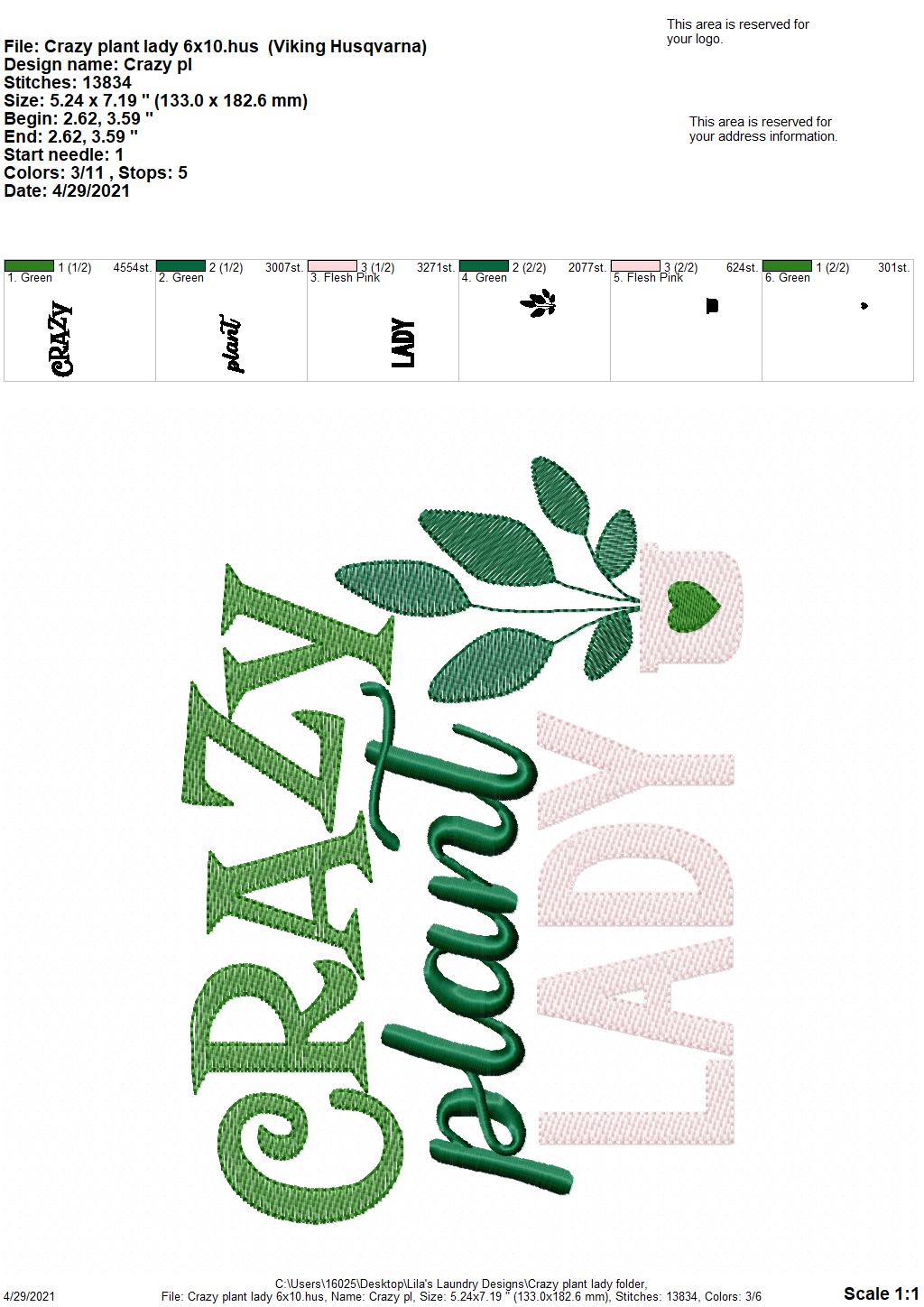 Crazy Plant Lady - 4 sizes- Digital Embroidery Design