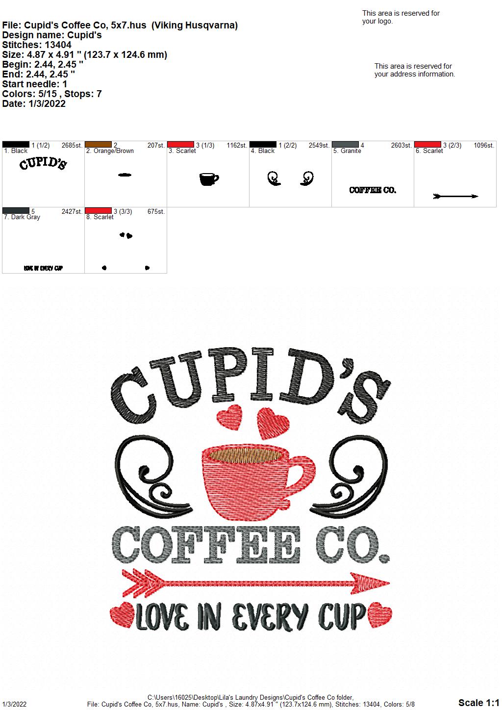 Cupid's Coffee Co. Sketch - 3 sizes- Digital Embroidery Design