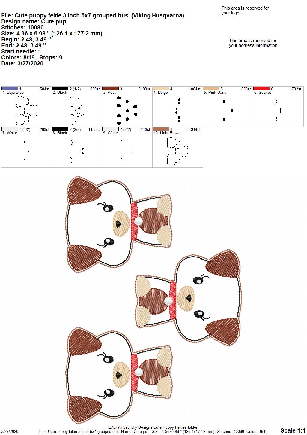 Cute Puppy Felties - 3 sizes - 4x4 and 5x7 Grouped- Digital Embroidery Design