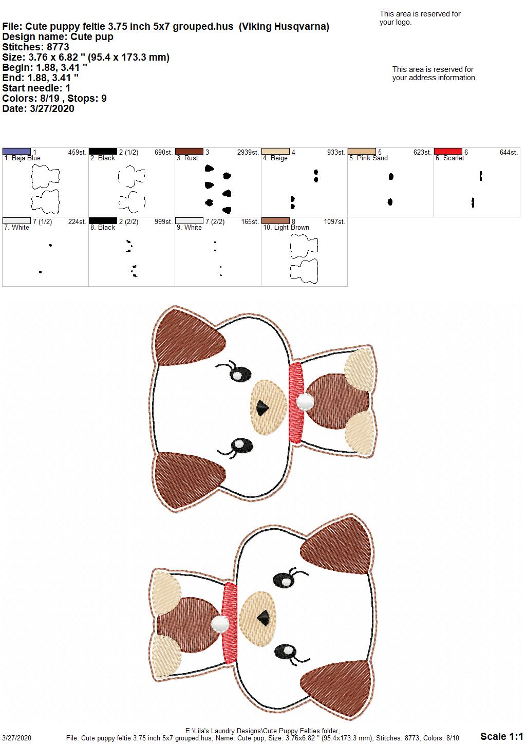 Cute Puppy Felties - 3 sizes - 4x4 and 5x7 Grouped- Digital Embroidery Design