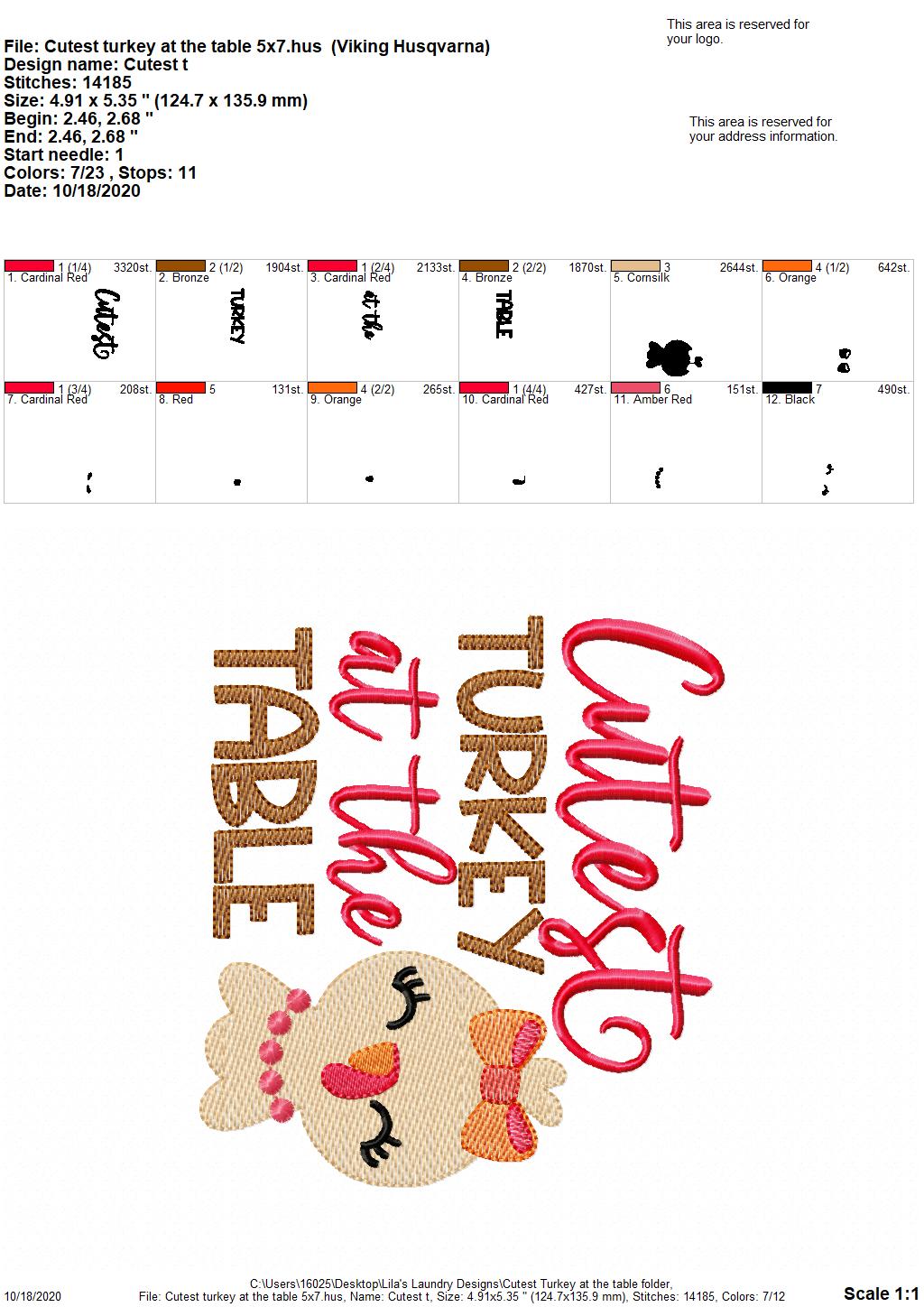 Cutest Turkey At The Table - 3 Sizes - Digital Embroidery Design