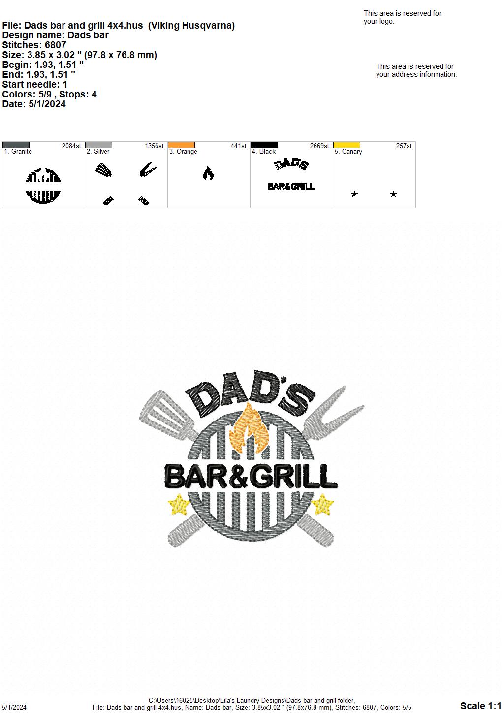 Dad's Bar & Grill - 4 Sizes - Digital Embroidery Design