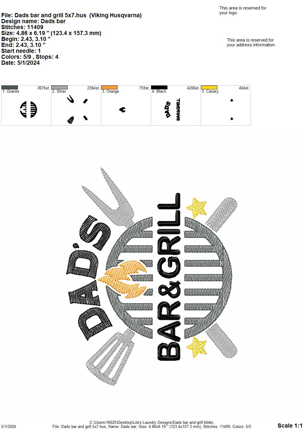 Dad's Bar & Grill - 4 Sizes - Digital Embroidery Design