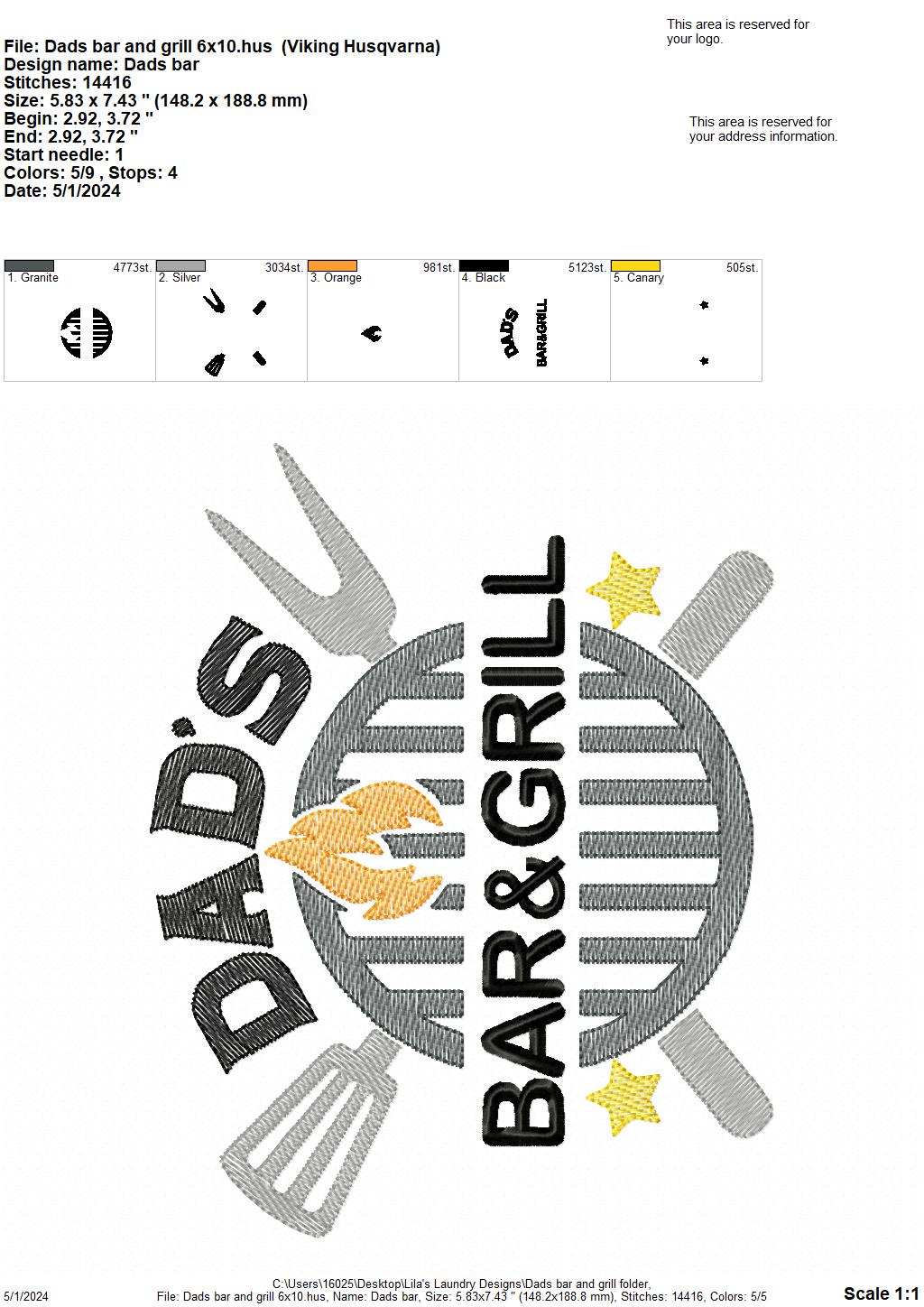 Dad's Bar & Grill - 4 Sizes - Digital Embroidery Design