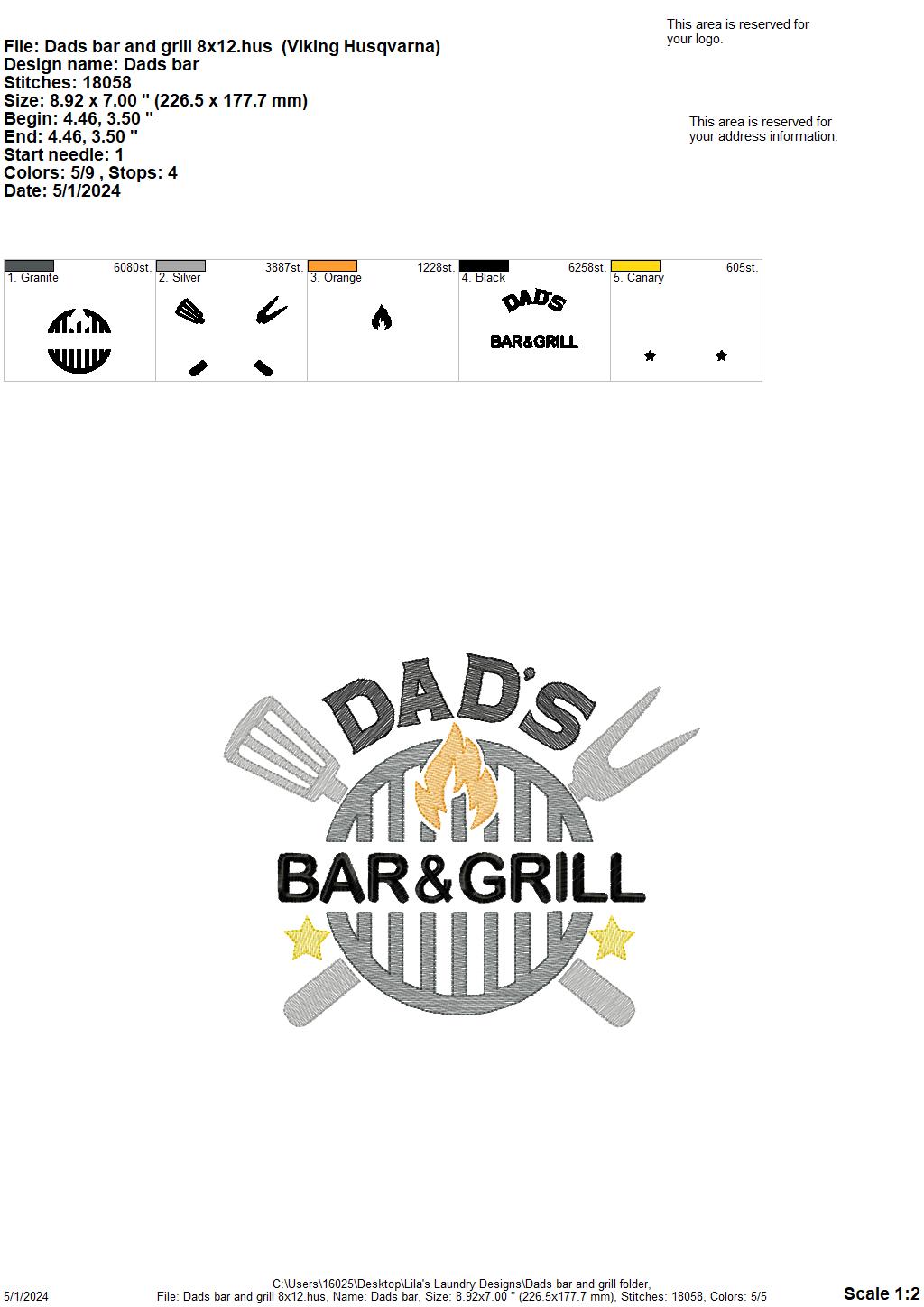 Dad's Bar & Grill - 4 Sizes - Digital Embroidery Design